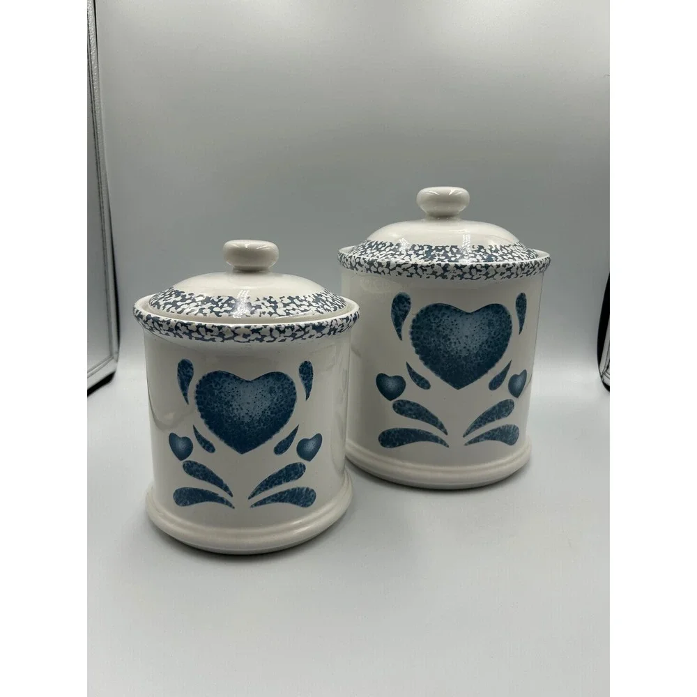 Jay Ceramic Canister Set 2pc Blue Sponge Heart White Farmhouse Kitchen Jars
